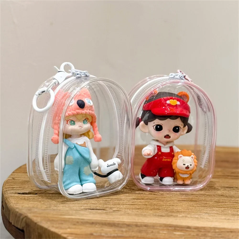 Dolls - 12cmの透明PVC製収納バッグ。キーチェーン付き。カラフルな漫画のキャラクターが描かれた展示ボックス。防塵ケース。イヤホンやギフトの整理に使える収納バッグ。