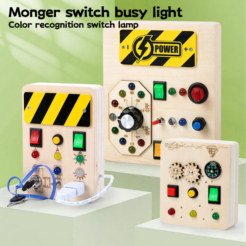 Montessori Wooden Busy Board Toddler - モンテッソーリ ビジーボード ベビーセンサリートイ 木製LEDライトスイッチコントロールボード おもちゃ 子供用旅行アクティビティ